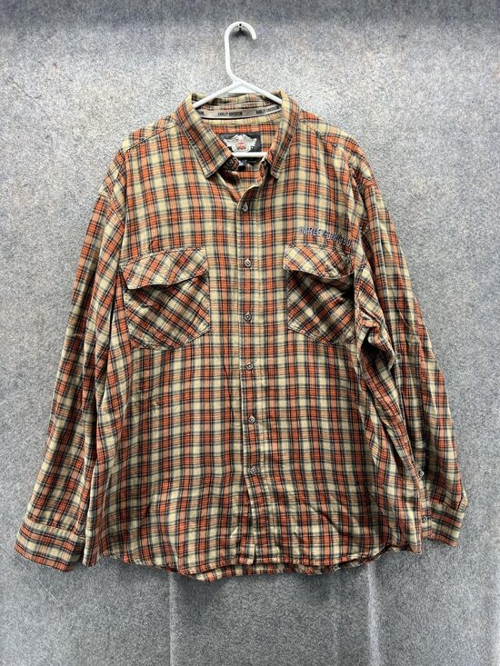 Harley-Davidson Other - Harley-Davidson Shirt Mens XL Orange Plaid Long Sleeve Snap Front Flannel Casual